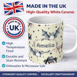 Personalized Custom Name Cute Baby Bats with Stars Night Sky Beige Background Seamless 11oz Ceramic Coffee Tea Mug White Large Handle