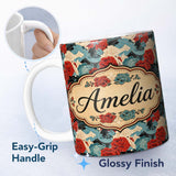 Personalized Custom Name Japanese Style Floral Waves with Red Blue and Cream Blossoms Lovely 11oz Ceramic Coffee Tea Mug White Large Handle