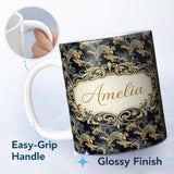 Personalized Custom Name Black Gold Blue Baroque Floral Seamless Elegant Luxury Ornamental 11oz Ceramic Coffee Tea Mug White Large Handle