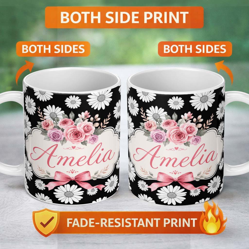 Personalized Custom Name Monochrome Daisy Flower Pattern Black Background Seamless Pattern 11oz Ceramic Coffee Tea Mug White Large Handle