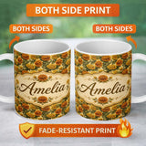 Personalized Custom Name Bold Vintage Orange Poppy Floral Pattern on Warm Beige Background 11oz Ceramic Coffee Tea Mug White Large Handle