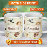 Personalized Custom Name Cute Safari Animal Lion Meerkat Toucan and Warthog with Sun and 11oz Ceramic Coffee Tea Mug White Large Handle