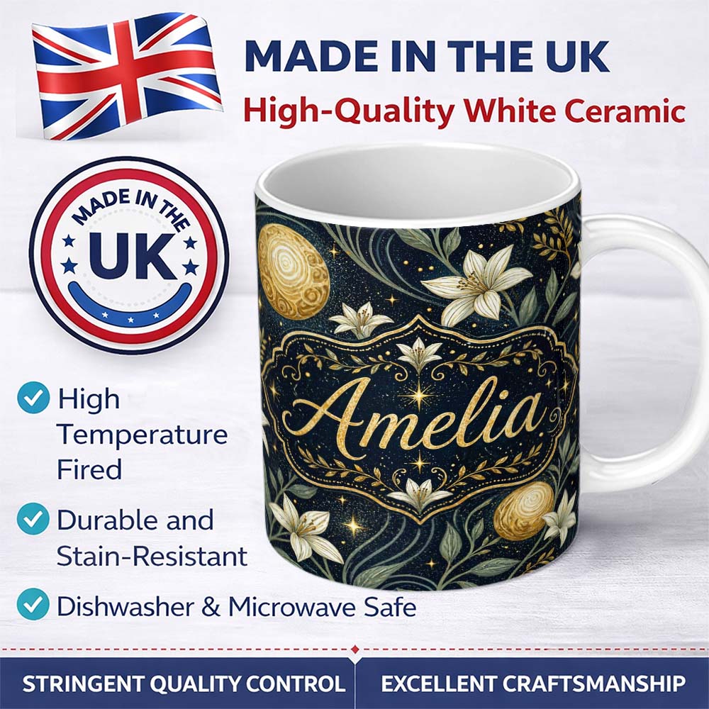 Personalized Custom Name Glowing Red Poppy Flowers Stars Night Sky Seamless Pattern Lovely 11oz Ceramic Coffee Tea Mug White Large Handle