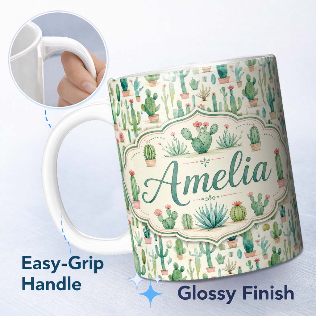 Personalized Custom Name Cute Potted Cactus Succulent Collection Pastel Seamless Pattern 11oz Ceramic Coffee Tea Mug White Large Handle