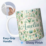 Personalized Custom Name Cute Potted Cactus Succulent Collection Pastel Seamless Pattern 11oz Ceramic Coffee Tea Mug White Large Handle