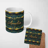 Personalized Custom Name Impressionist Landscape with Rolling Hills and Sunset in Deep Blue 11oz Ceramic Coffee Tea Mug White Large Handle
