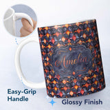 Personalized Custom Name Warm Abstract Floral Tile Pattern in Orange and Navy Seamless Lovely 11oz Ceramic Coffee Tea Mug White Large Handle