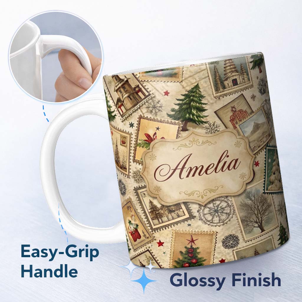 Personalized Custom Name Vintage Christmas Village Tree Stamp Collage Rustic Festive Seamless 11oz Ceramic Coffee Tea Mug White Large Handle