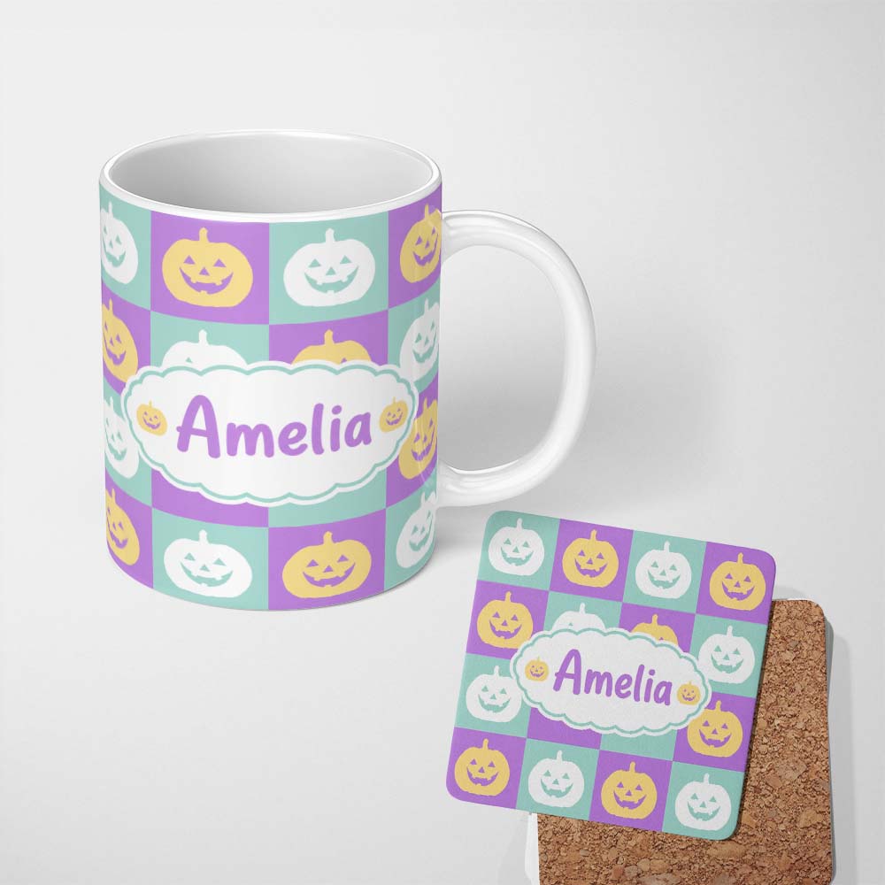 Personalized Custom Name Pastel Pumpkin Faces on Mint and Lavender Background Seamless Lovely 11oz Ceramic Coffee Tea Mug White Large Handle
