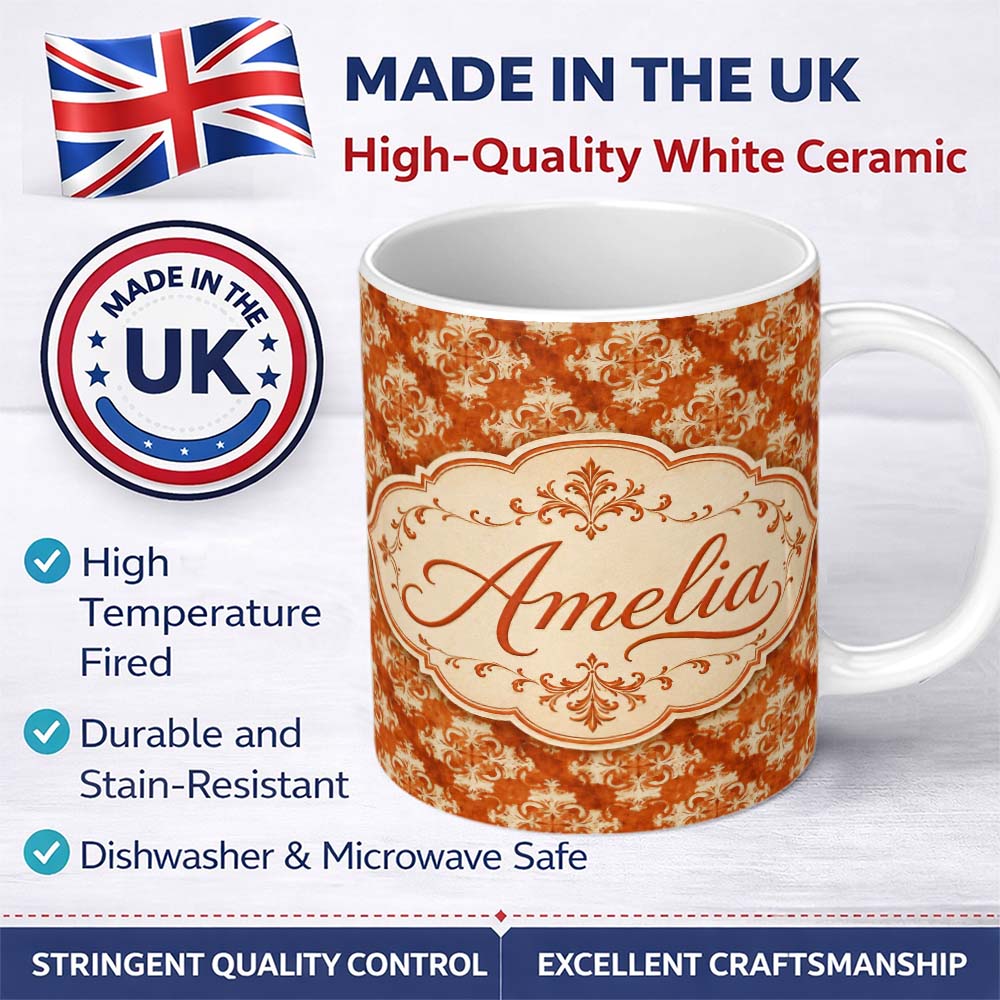 Personalized Custom Name Vintage Orange Damask Ornamental Texture Seamless Pattern Design 11oz Ceramic Coffee Tea Mug White Large Handle
