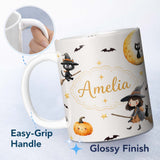 Personalized Custom Name Cute Halloween Witch Girl Cat and Crescent Moon Light Grey Lovely 11oz Ceramic Coffee Tea Mug White Large Handle