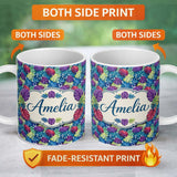 Personalized Custom Name Vibrant Tropical Monstera Leaves in Bold Multicolor Seamless Pattern 11oz Ceramic Coffee Tea Mug White Large Handle