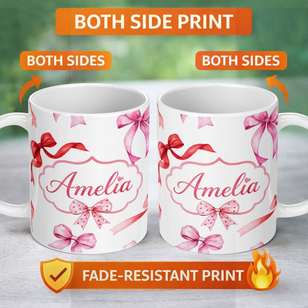 Personalized Custom Name Watercolor Ribbon Bow Seamless Pattern on Light Grey Background 11oz Ceramic Coffee Tea Mug White Large Handle