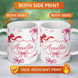Personalized Custom Name Watercolor Ribbon Bow Seamless Pattern on Light Grey Background 11oz Ceramic Coffee Tea Mug White Large Handle