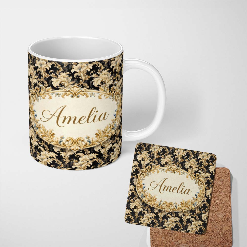 Personalized Custom Name Ivory Gold Damask Seamless Pattern Classic Elegant Ornamental Lovely 11oz Ceramic Coffee Tea Mug White Large Handle