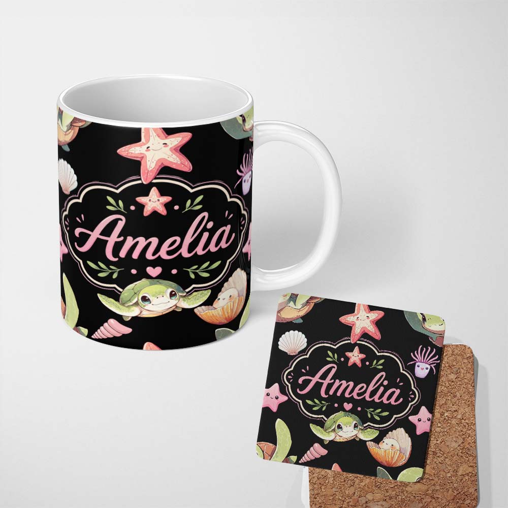 Personalized Custom Name Cute Cartoon Sea Turtle Starfish Shells on Black Background Seamless 11oz Ceramic Coffee Tea Mug White Large Handle