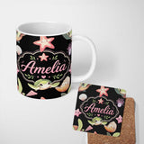 Personalized Custom Name Cute Cartoon Sea Turtle Starfish Shells on Black Background Seamless 11oz Ceramic Coffee Tea Mug White Large Handle