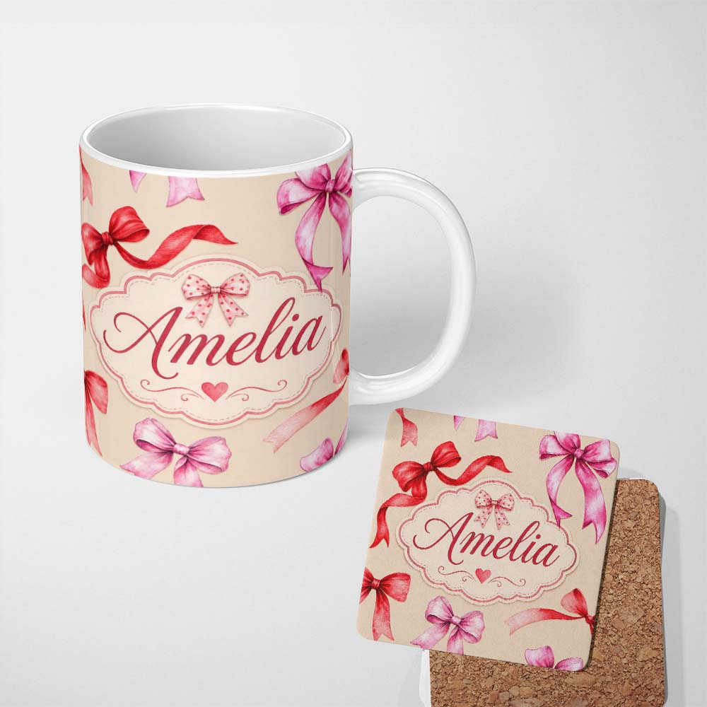 Personalized Custom Name Watercolor Ribbon Bow Seamless Pattern on Lavender Background Lovely 11oz Ceramic Coffee Tea Mug White Large Handle