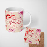 Personalized Custom Name Watercolor Ribbon Bow Seamless Pattern on Lavender Background Lovely 11oz Ceramic Coffee Tea Mug White Large Handle