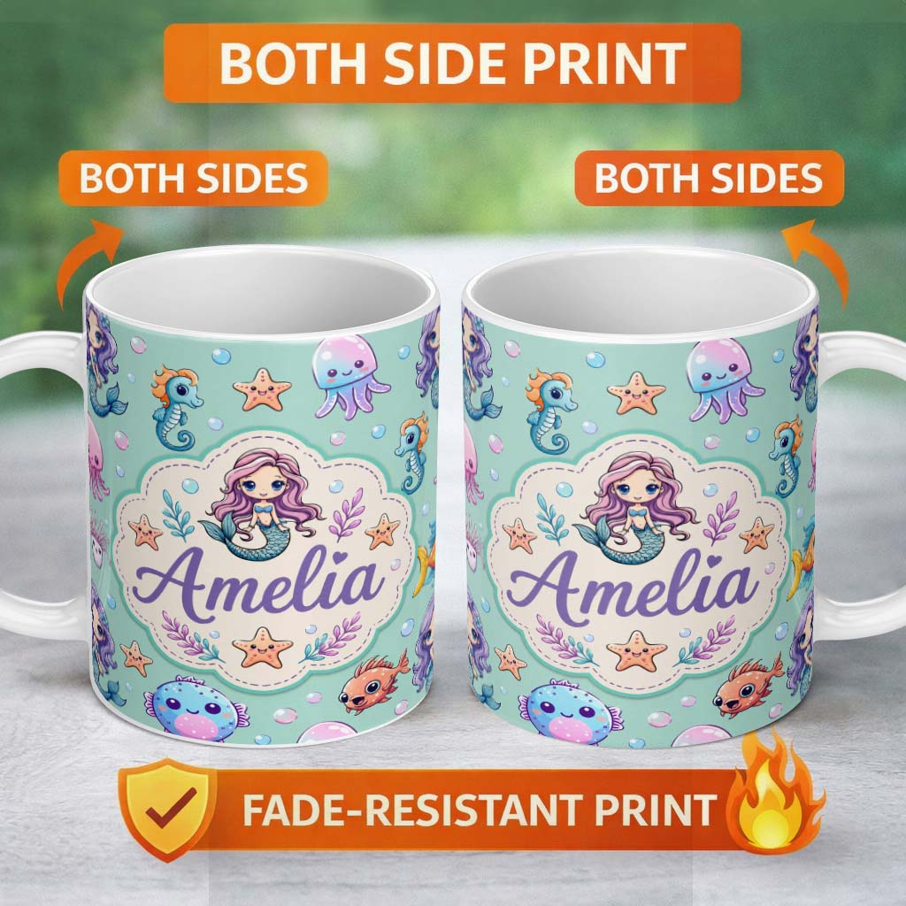 Personalized Custom Name Cute Cartoon Mermaid with Sea Creatures on Mint Green Background 11oz Ceramic Coffee Tea Mug White Large Handle