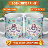 Personalized Custom Name Cute Cartoon Mermaid with Sea Creatures on Mint Green Background 11oz Ceramic Coffee Tea Mug White Large Handle