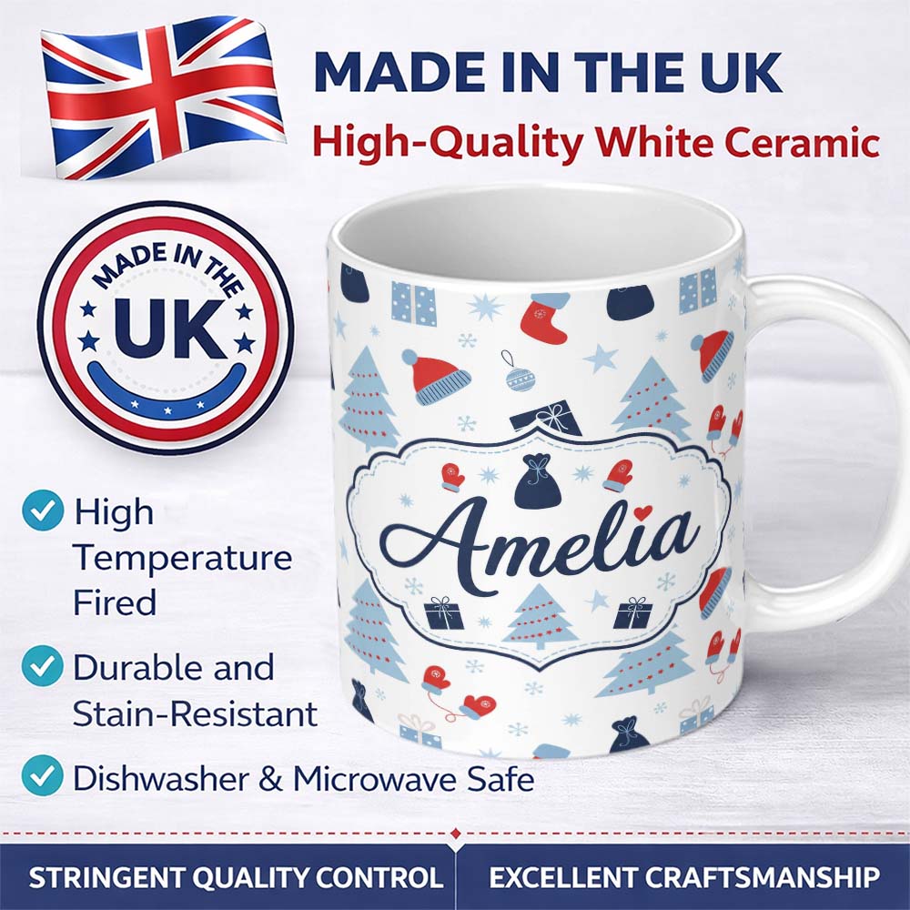 Personalized Custom Name Winter Christmas Trees Gifts Mittens Seamless Pattern Lovely 11oz Ceramic Coffee Tea Mug White Large Handle