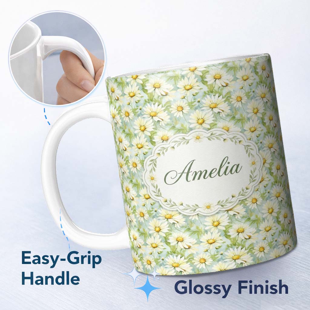 Personalized Custom Name Fresh Green Watercolor Daisy Floral Seamless Pattern Lovely 11oz Ceramic Coffee Tea Mug White Large Handle
