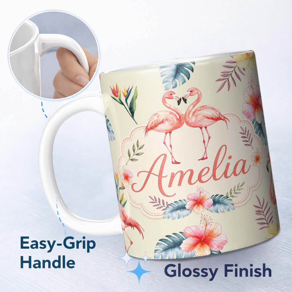Personalized Custom Name Elegant Pink Flamingos Tropical Flowers on Beige Background Seamless 11oz Ceramic Coffee Tea Mug White Large Handle