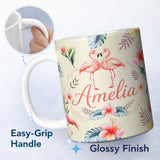 Personalized Custom Name Elegant Pink Flamingos Tropical Flowers on Beige Background Seamless 11oz Ceramic Coffee Tea Mug White Large Handle