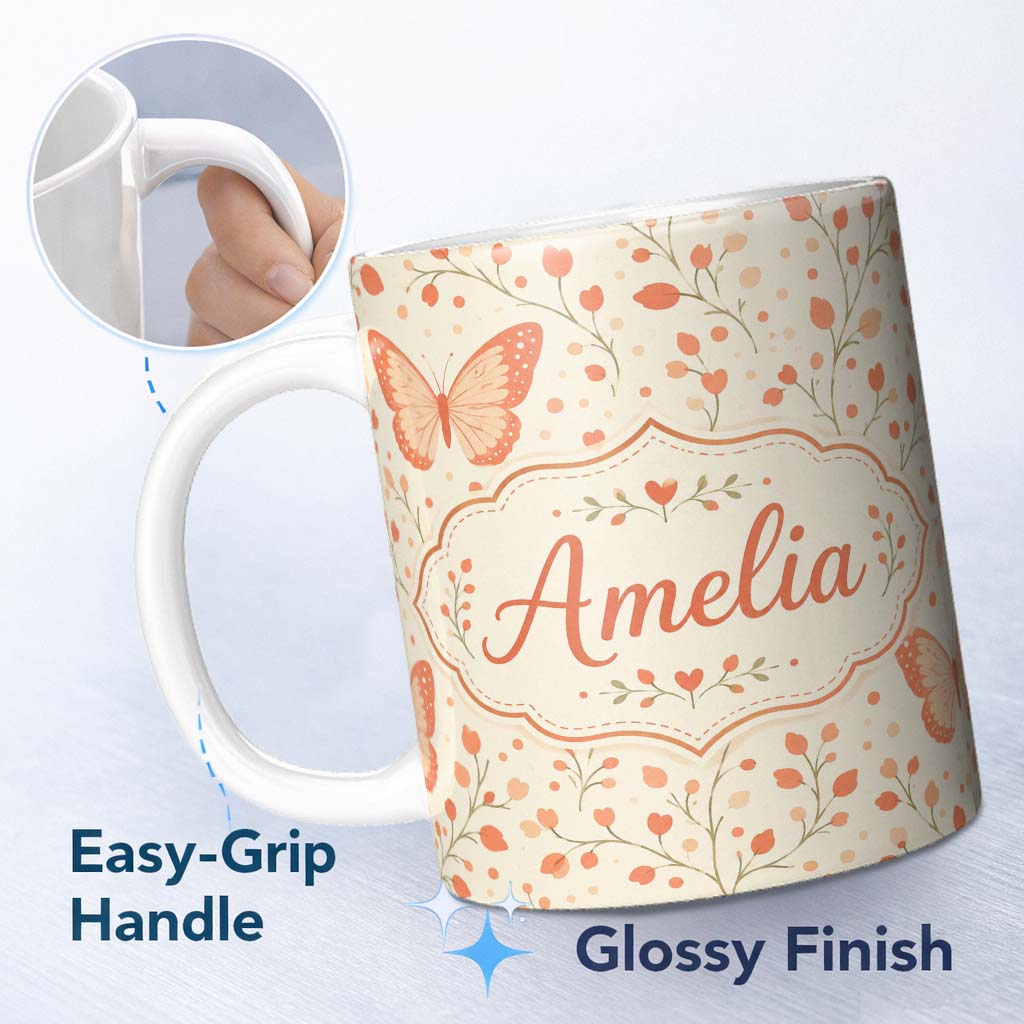 Personalized Custom Name Soft Butterfly with Floral Hearts Neutral Seamless Pattern Lovely 11oz Ceramic Coffee Tea Mug White Large Handle