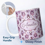 Personalized Custom Name Purple and Lilac Tribal Aztec Geometric Seamless Pattern Lovely 11oz Ceramic Coffee Tea Mug White Large Handle