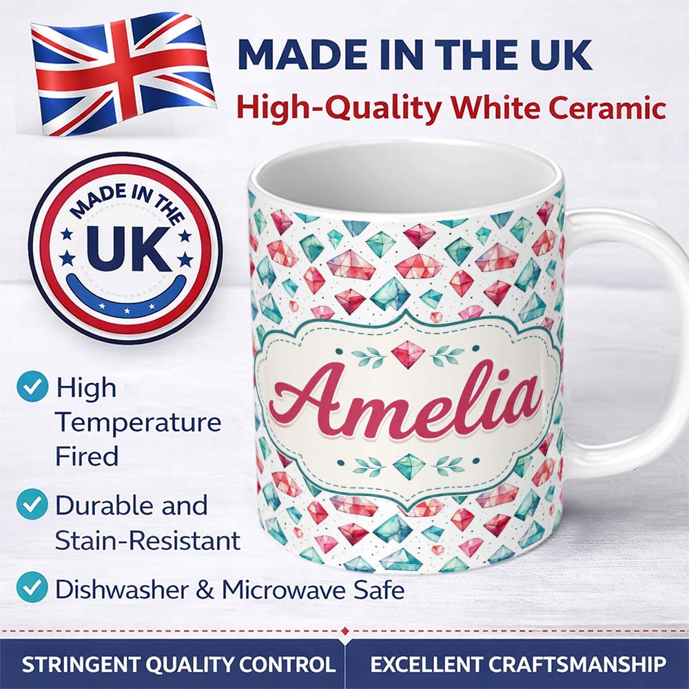 Personalized Custom Name Watercolor Gem Crystal Seamless Pattern on White Cute Unique Gift 11oz Ceramic Coffee Tea Mug White Large Handle
