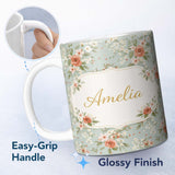 Personalized Custom Name Peach Rose Floral Pattern Blue Background Seamless Cute Unique Gift 11oz Ceramic Coffee Tea Mug White Large Handle