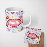 Personalized Custom Name Cute Cherry and Bow Motif with Daisy Flowers Pattern Playful Girly 11oz Ceramic Coffee Tea Mug White Large Handle
