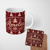 Personalized Custom Name Vintage Knitted Christmas Tree Snowflake Seamless Pattern Lovely 11oz Ceramic Coffee Tea Mug White Large Handle