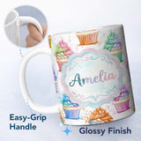 Personalized Custom Name Watercolor Cupcake Sweet Dessert Splash Seamless Pattern Lovely 11oz Ceramic Coffee Tea Mug White Large Handle