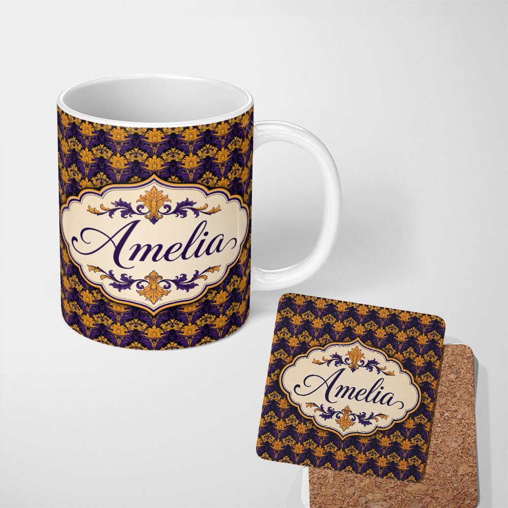 Personalized Custom Name Luxurious Purple and Gold Ornate Floral Damask Seamless Pattern 11oz Ceramic Coffee Tea Mug White Large Handle