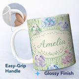 Personalized Custom Name Pastel Bunny Meadow Spring Seamless Pattern Charming Kitchen Decor 11oz Ceramic Coffee Tea Mug White Large Handle