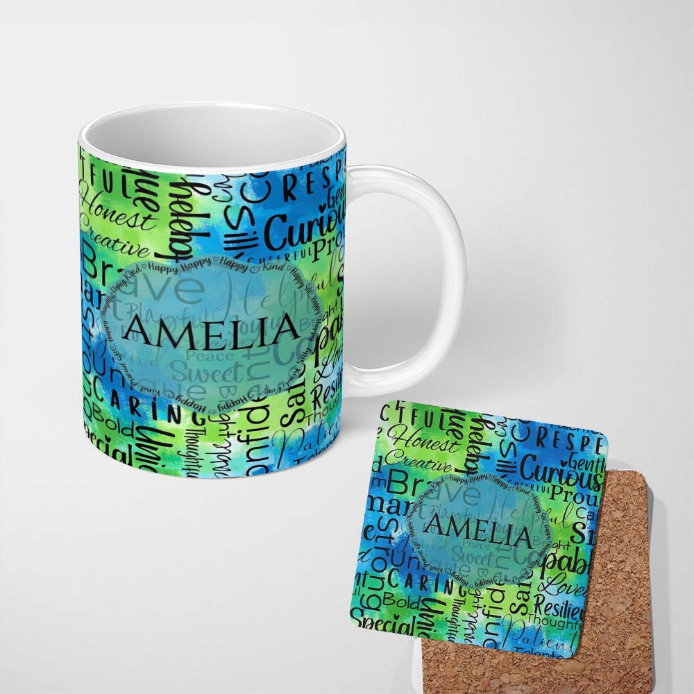 Personalized Custom Name Galaxy Marble Typography Blue Black Motivational Word Pattern Lovely 11oz Ceramic Coffee Tea Mug White Large Handle