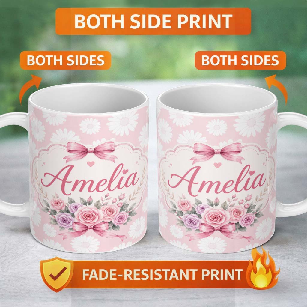 Personalized Custom Name White Daisy Floral Pattern on Soft Blush Pink Background Seamless 11oz Ceramic Coffee Tea Mug White Large Handle