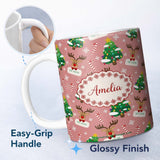 Personalized Custom Name Cute Reindeer Christmas Tree Candy Cane Merry Holiday Seamless 11oz Ceramic Coffee Tea Mug White Large Handle