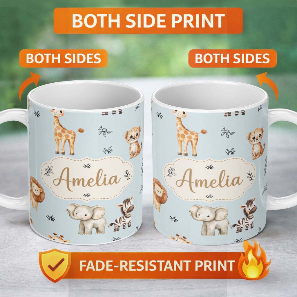 Personalized Custom Name Safari Animals with Elephant Lion and Leopard Cub on Soft Blue 11oz Ceramic Coffee Tea Mug White Large Handle