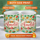 Personalized Custom Name Colorful Christmas Baubles Star Pine Candy Cane Seamless Pattern 11oz Ceramic Coffee Tea Mug White Large Handle