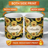 Personalized Custom Name Bright Sunflower Blooms with Green Leaves on White Background Lovely 11oz Ceramic Coffee Tea Mug White Large Handle