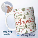 Personalized Custom Name Festive Christmas Trees with Candy Canes and Dots Seamless Pattern 11oz Ceramic Coffee Tea Mug White Large Handle