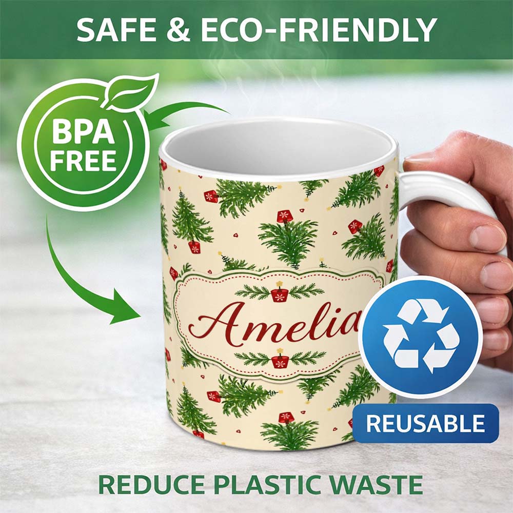 Personalized Custom Name Simple Green Christmas Trees Minimal Seamless Pattern Lovely 11oz Ceramic Coffee Tea Mug White Large Handle