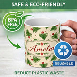 Personalized Custom Name Simple Green Christmas Trees Minimal Seamless Pattern Lovely 11oz Ceramic Coffee Tea Mug White Large Handle