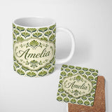 Personalized Custom Name Vintage Green Heart Leaf Damask Seamless Pattern on Neutral Lovely 11oz Ceramic Coffee Tea Mug White Large Handle