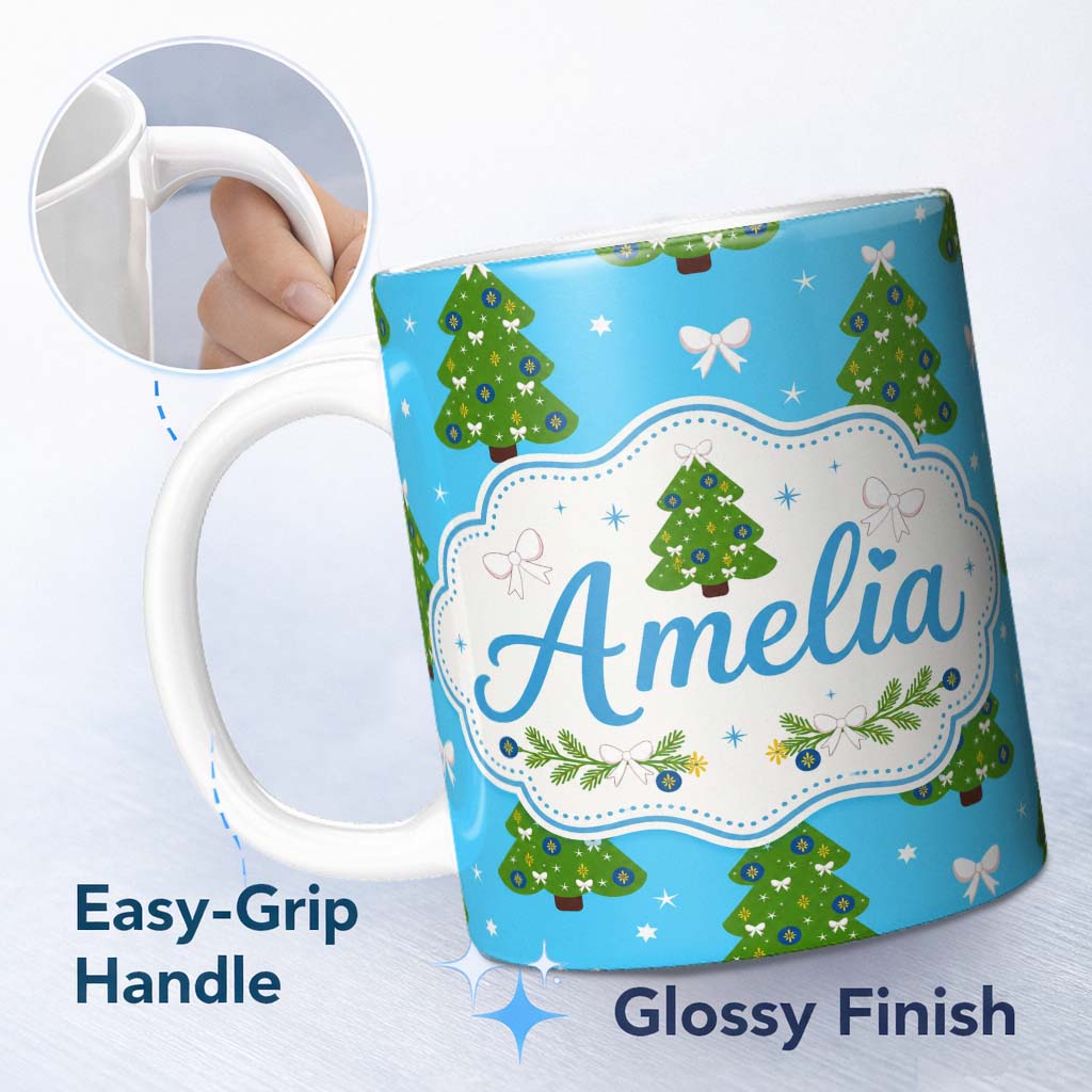 Personalized Custom Name Christmas Trees with Bows and Stars on Blue Background Cute Festive 11oz Ceramic Coffee Tea Mug White Large Handle
