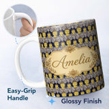 Personalized Custom Name Ornate Buddha Faces with Detailed Pattern Seamless Design Lovely 11oz Ceramic Coffee Tea Mug White Large Handle